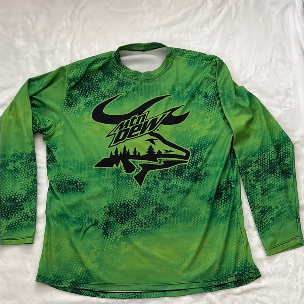 Mountain Dew Green Long Sleeve Shirt w/ Buck/Elk Design on Mtn Dew Logo.